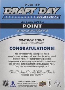 2016-17 SP Game Used - Draft Day Marks Manufactured Letters #DDM-BP Brayden Point Back
