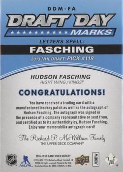 2016-17 SP Game Used - Draft Day Marks Manufactured Letters #DDM-FA Hudson Fasching Back