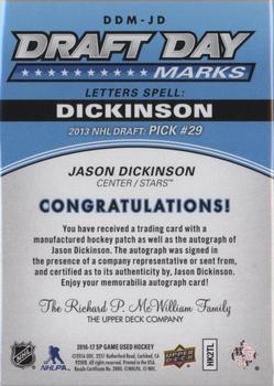 2016-17 SP Game Used - Draft Day Marks Manufactured Letters #DDM-JD Jason Dickinson Back
