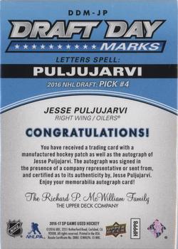 2016-17 SP Game Used - Draft Day Marks Manufactured Letters #DDM-JP Jesse Puljujarvi Back