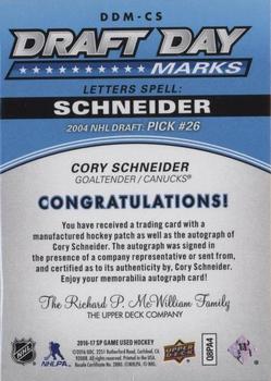 2016-17 SP Game Used - Draft Day Marks Manufactured Letters #DDM-CS Cory Schneider Back
