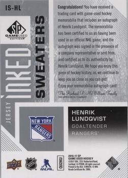 2016-17 SP Game Used - Inked Sweaters #IS-HL Henrik Lundqvist Back