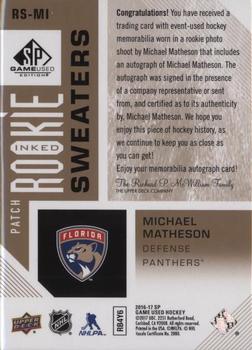 2016-17 SP Game Used - Inked Rookie Sweaters Patch #RS-MI Michael Matheson Back