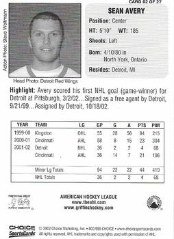 2002-03 Choice Grand Rapids Griffins (AHL) #2 Sean Avery Back
