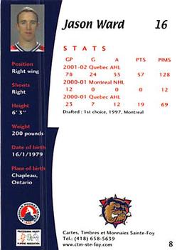 2002-03 Cartes, Timbres et Monnaies Sainte-Foy Hamilton Bulldogs (AHL) #8 Jason Ward Back