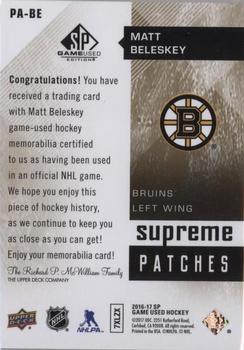 2016-17 SP Game Used - Supreme Relics Patches #PA-BE Matt Beleskey Back