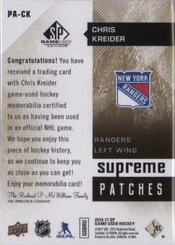 2016-17 SP Game Used - Supreme Relics Patches #PA-CK Chris Kreider Back