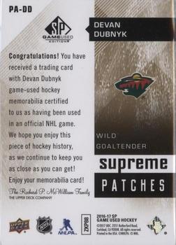 2016-17 SP Game Used - Supreme Relics Patches #PA-DD Devan Dubnyk Back