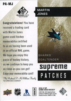 2016-17 SP Game Used - Supreme Relics Patches #PA-MJ Martin Jones Back