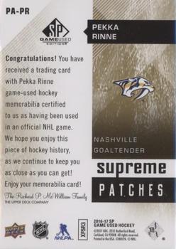 2016-17 SP Game Used - Supreme Relics Patches #PA-PR Pekka Rinne Back