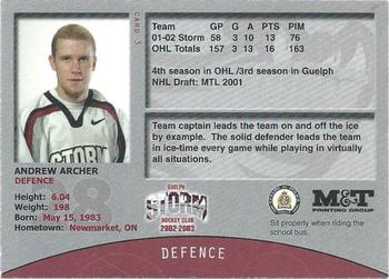2002-03 M&T Printing Guelph Storm (OHL) #3 Andrew Archer Back