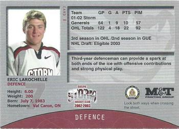 2002-03 M&T Printing Guelph Storm (OHL) #8 Eric Larochelle Back