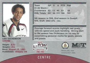 2002-03 M&T Printing Guelph Storm (OHL) #12 Lou Dickenson Back