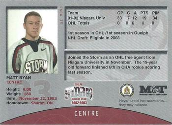 2002-03 M&T Printing Guelph Storm (OHL) #13 Matt Ryan Back