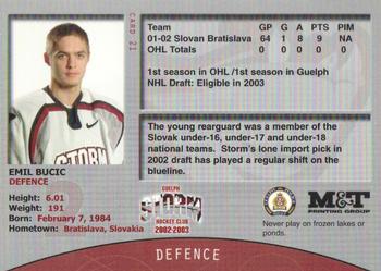 2002-03 M&T Printing Guelph Storm (OHL) #21 Emil Bucic Back