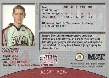 2002-03 M&T Printing Guelph Storm (OHL) #22 Aaron Lobb Back