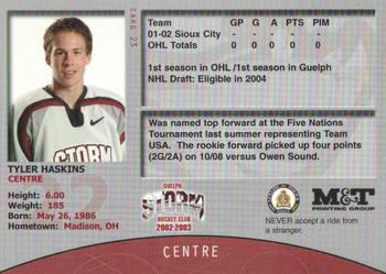 2002-03 M&T Printing Guelph Storm (OHL) #23 Tyler Haskins Back