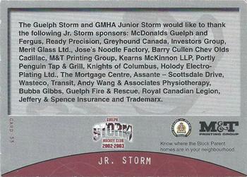 2002-03 M&T Printing Guelph Storm (OHL) #33 Junior Storm Back