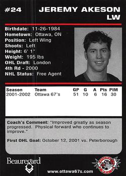 2002-03 Ottawa 67's (OHL) #NNO Jeremy Akeson Back
