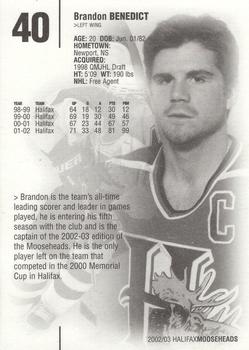 2002-03 Halifax Mooseheads (QMJHL) #19 Brandon Benedict Back