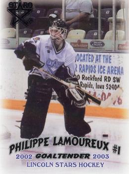 2002-03 Blueline Booster Club Lincoln Stars (USHL) #1 Jean-Philippe Lamoureux Front