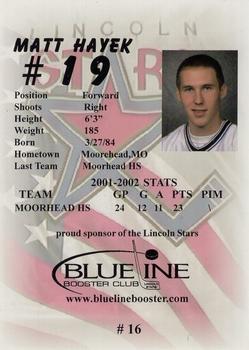 2002-03 Blueline Booster Club Lincoln Stars (USHL) #16 Matt Hayek Back