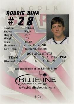 2002-03 Blueline Booster Club Lincoln Stars (USHL) #21 Robbie Bina Back