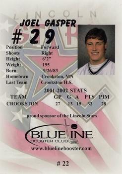 2002-03 Blueline Booster Club Lincoln Stars (USHL) #22 Joel Gasper Back