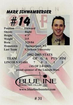 2002-03 Blueline Booster Club Lincoln Stars (USHL) Update #31 Mark Schwamberger Back