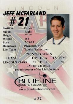 2002-03 Blueline Booster Club Lincoln Stars (USHL) Update #32 Jeff McFarland Back