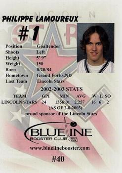2002-03 Blueline Booster Club Lincoln Stars (USHL) Update #40 Jean-Philippe Lamoureux Back