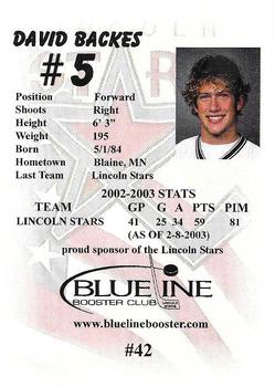 2002-03 Blueline Booster Club Lincoln Stars (USHL) Update #42 David Backes Back