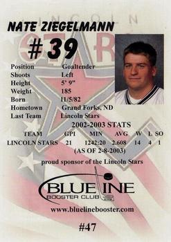 2002-03 Blueline Booster Club Lincoln Stars (USHL) Update #47 Nate Ziegelmann Back