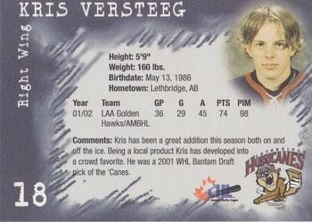 2002-03 Lethbridge Hurricanes (WHL) #NNO Kris Versteeg Back