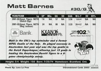 2002-03 Grandstand Austin Ice Bats (CHL) #NNO Matt Barnes Back