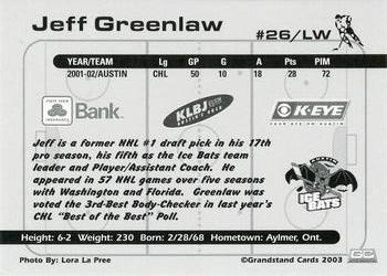 2002-03 Grandstand Austin Ice Bats (CHL) #NNO Jeff Greenlaw Back