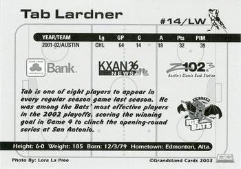 2002-03 Grandstand Austin Ice Bats (CHL) #NNO Tab Lardner Back