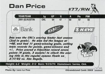 2002-03 Grandstand Austin Ice Bats (CHL) #NNO Dan Price Back