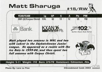 2002-03 Grandstand Austin Ice Bats (CHL) #NNO Matt Sharuga Back