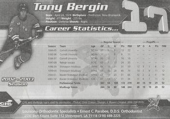 2002-03 Shreveport Times Bossier-Shreveport Mudbugs (CHL) #2 Tony Bergin Back