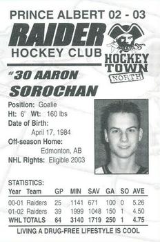 2002-03 Prince Albert Raiders (WHL) #NNO Aaron Sorochan Back