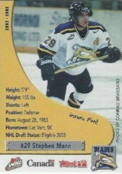 2002-03 Saskatoon Blades (WHL) #2 Steven Mann Front