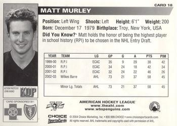 2003-04 Choice Wilkes-Barre/Scranton Penguins (AHL) #18 Matt Murley Back