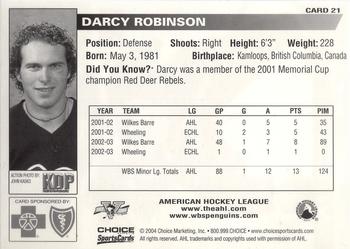 2003-04 Choice Wilkes-Barre/Scranton Penguins (AHL) #21 Darcy Robinson Back