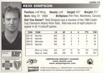 2003-04 Choice Wilkes-Barre/Scranton Penguins (AHL) #24 Reid Simpson Back