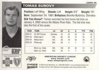 2003-04 Choice Wilkes-Barre/Scranton Penguins (AHL) #26 Tomas Surovy Back