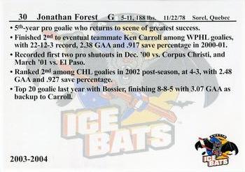 2003-04 KXAN-36/KLBJ-93.7 Austin Ice Bats (CHL) #NNO Jonathan Forest Back