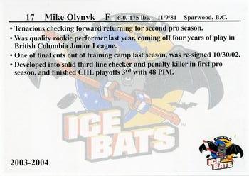 2003-04 KXAN-36/KLBJ-93.7 Austin Ice Bats (CHL) #NNO Mike Olynyk Back
