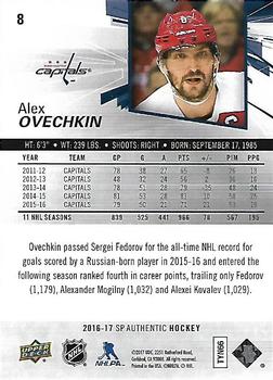 2016-17 SP Authentic #8 Alex Ovechkin Back