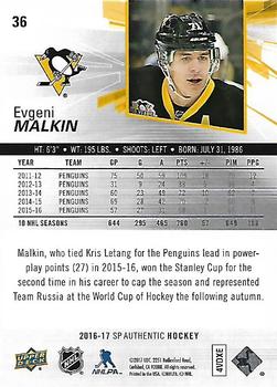2016-17 SP Authentic #36 Evgeni Malkin Back